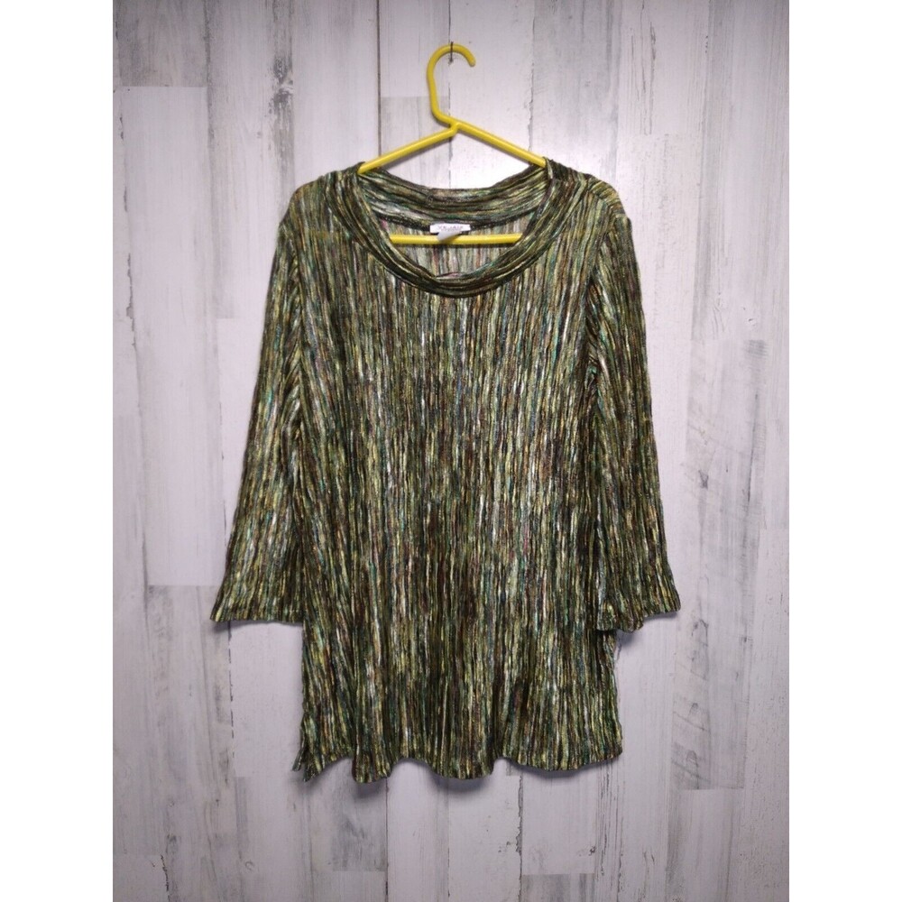 Vejaiz Designs Women’s Large Boat Neck 3/4 Sleeve Green Ripple Knit Top Art